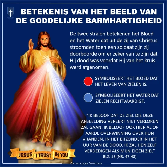 ✨ De betekenis van het beeld van de Goddelijke Barmhartigheid ✨

De rode en witte stralen die uit het Hart van Jezus stromen, herinneren ons aan het Bloed en Water die uit zijn zijde vloeiden op het kruis.
 • De rode straal symboliseert het leven van de zielen (Bloed).
 • De witte straal symboliseert de rechtvaardiging van de zielen (Water).

Jezus heeft beloofd:
“Ik beloof dat de ziel die deze afbeelding vereert niet verloren zal gaan.” (Dagboek H. Faustina, nr. 47-48)

Vertrouw op Zijn Barmhartigheid en laat je hart vernieuwen door Zijn liefde!
Jesus, I trust in You.

Delen is evangeliseren! 

#GoddelijkeBarmhartigheid #Jezus #JesusITrustInYou #KatholiekeVesting #Barmhartigheid #Katholiek #Geloof #Bidden